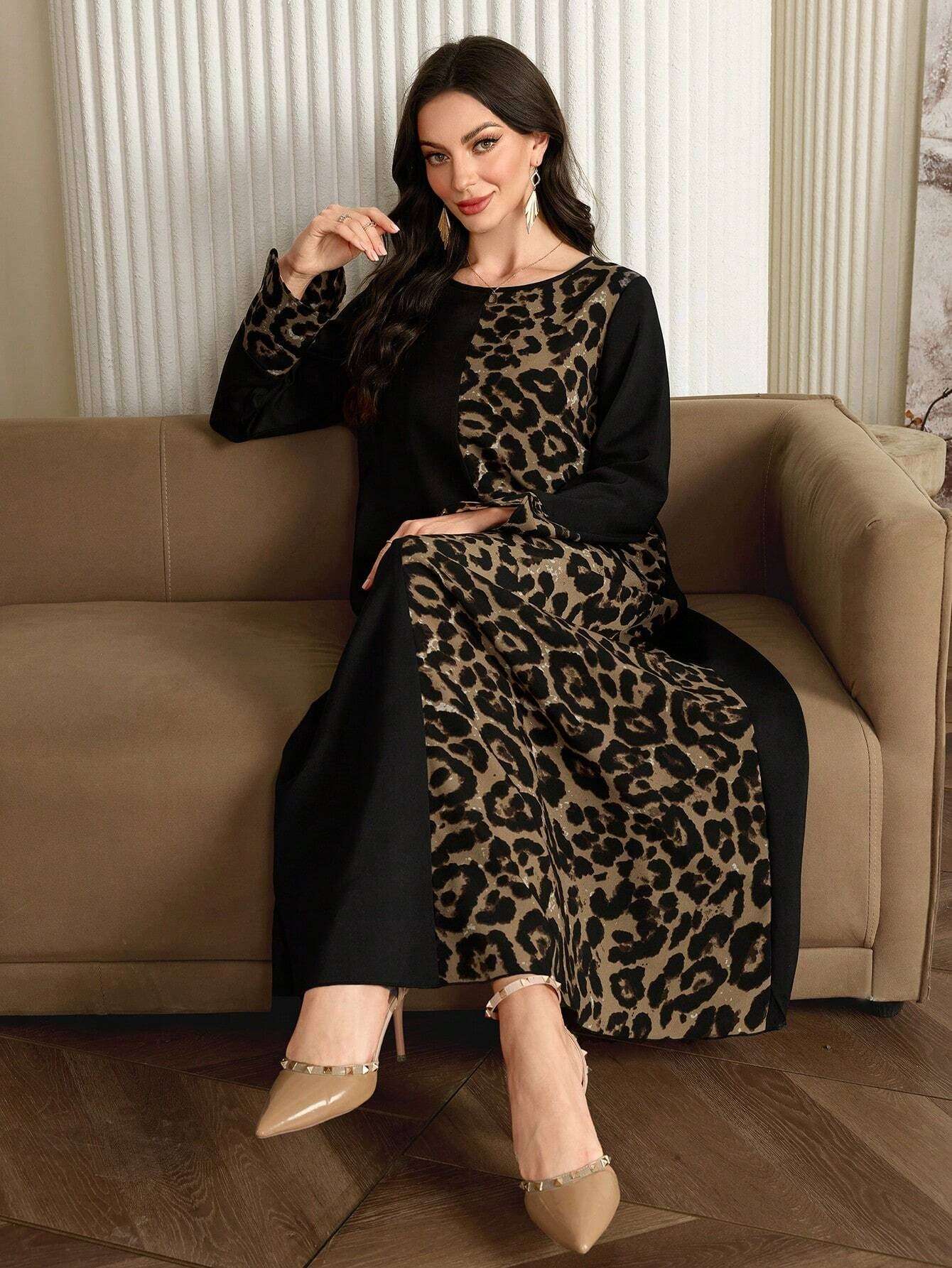 Al Najma Women'S Leopard Print Long Sleeve Maxi Casual Arabian Dress, Casual Modest a Line Arabian Dresses, for Casual Daily/Travel/Holiday/Vacation