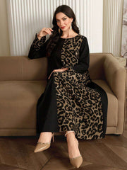 Al Najma Women'S Leopard Print Long Sleeve Maxi Casual Arabian Dress, Casual Modest a Line Arabian Dresses, for Casual Daily/Travel/Holiday/Vacation