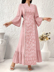Al Najma Women'S Floral Print Notched Neck Ruffle Hem Elegant Long Sleeve Dress