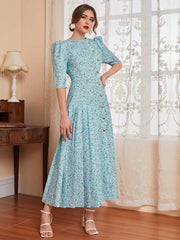 Modelyn Ditsy Floral Button Front Plicated Detail Puff Sleeve Modest Dress