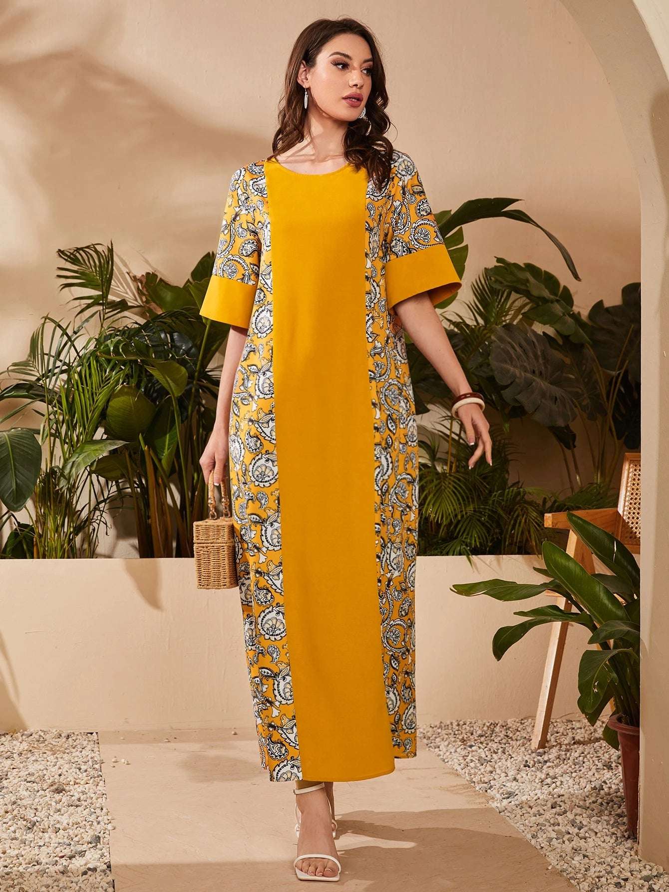 Al Najma Paisley Print Flounce Sleeve Kaftan Modest Arabian Dress