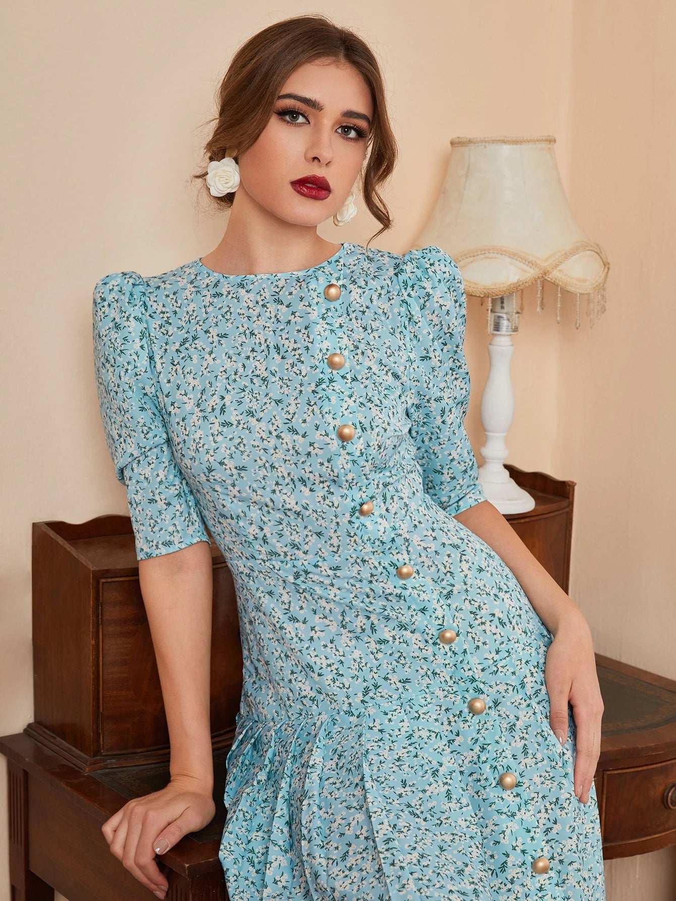 Modelyn Ditsy Floral Button Front Plicated Detail Puff Sleeve Modest Dress
