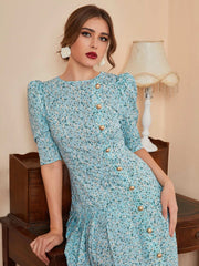Modelyn Ditsy Floral Button Front Plicated Detail Puff Sleeve Modest Dress