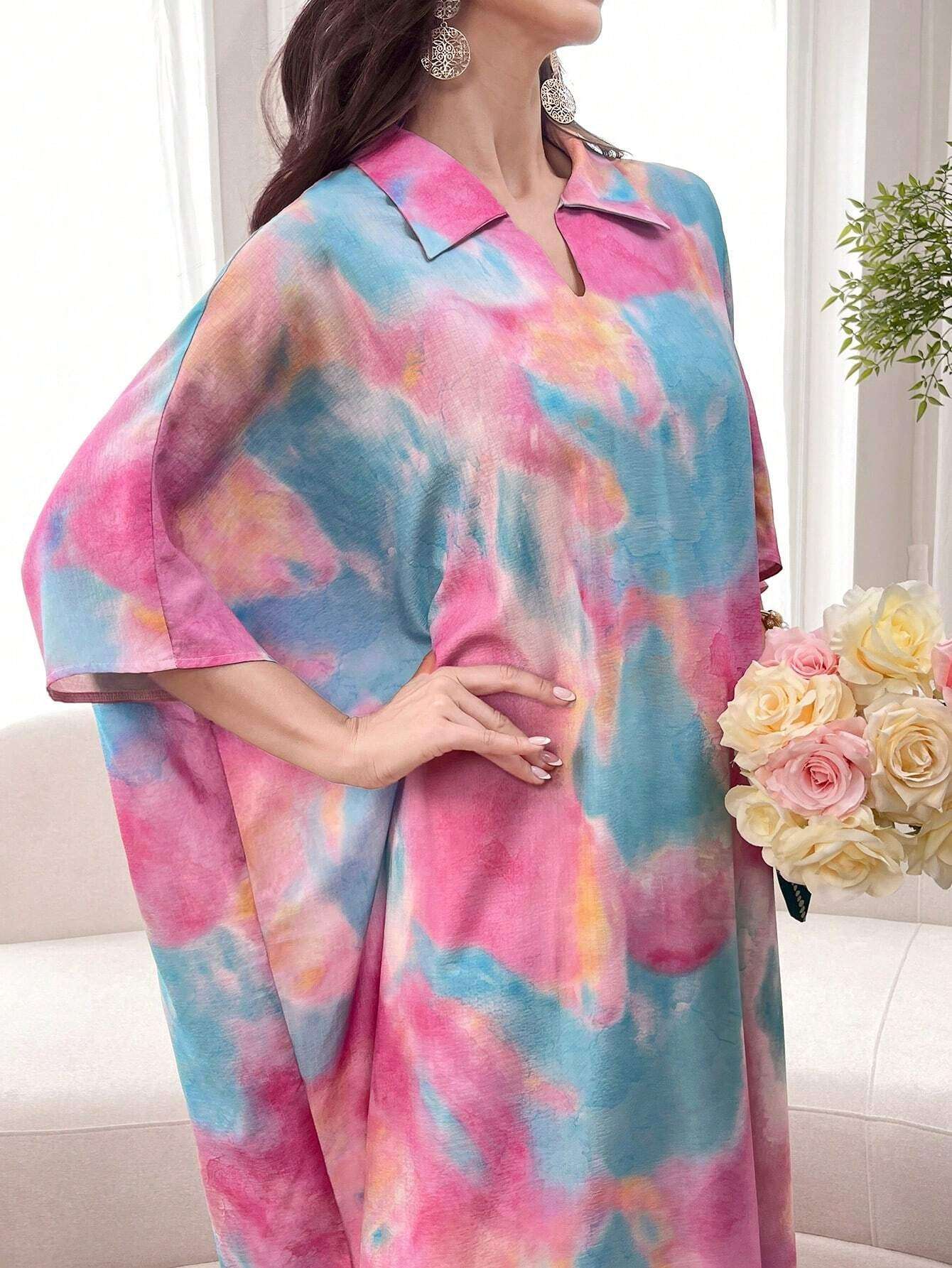 Al Najma Oversized Tie Dye Polo Collar Short Sleeve Dress, Spring/Summer