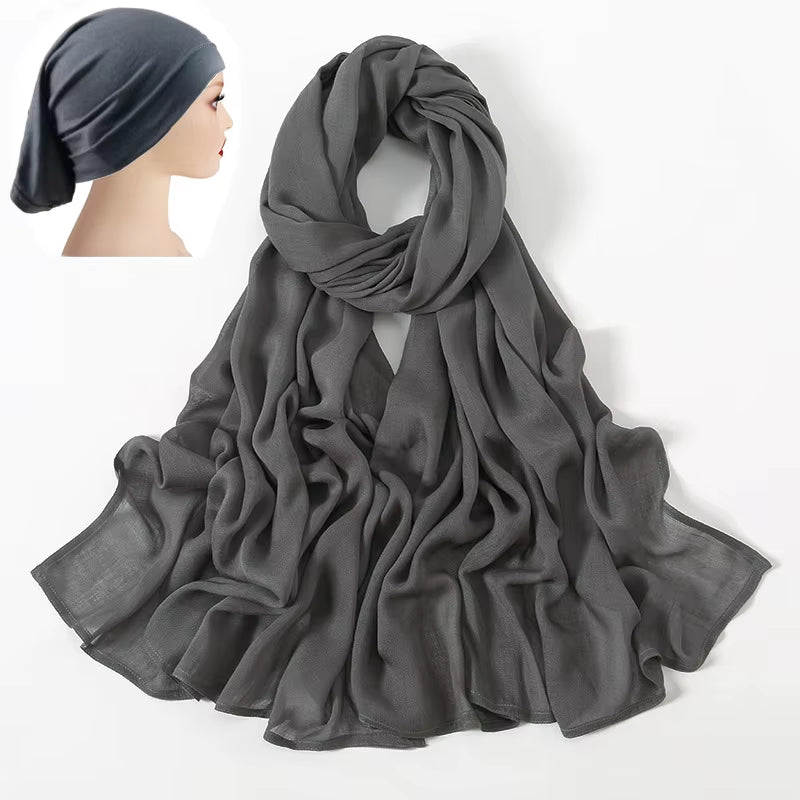2 Pcs Set Viscose Hijab Matching Color Jersey Cap Plain Cotton Modal Muslim Women Scarf Soft Shawl Turbante Femenino