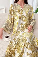 Simple Floral Elegant Long Sleeve Modest Dress