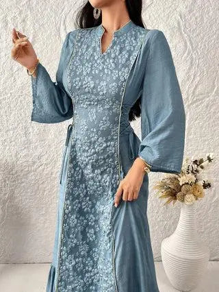 Al Najma Women'S Printed Simple Daily Wear Arabian Modest Dress, Elegant Long Sleeve Side Tie up Full Length Jalabiya Kaftan Modest Dress for Casual Daily/Evening/Family Party/Event ZAYNAO