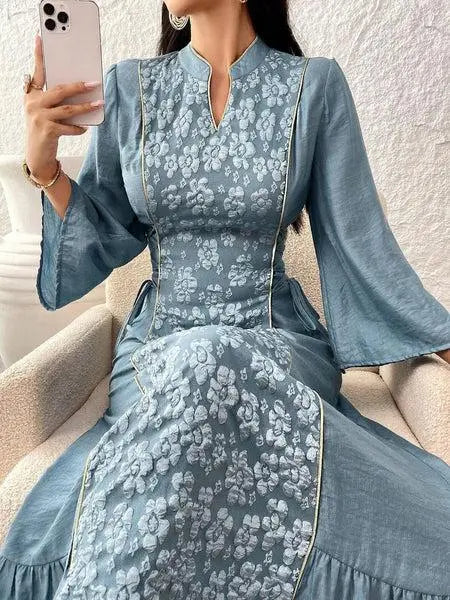 Al Najma Women'S Printed Simple Daily Wear Arabian Modest Dress, Elegant Long Sleeve Side Tie up Full Length Jalabiya Kaftan Modest Dress for Casual Daily/Evening/Family Party/Event ZAYNAO