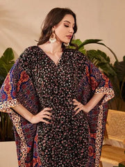 Al Najma V-Neck Batwing Sleeve Ditsy Floral Kaftan Modest Arabian Dress ZAYNAO