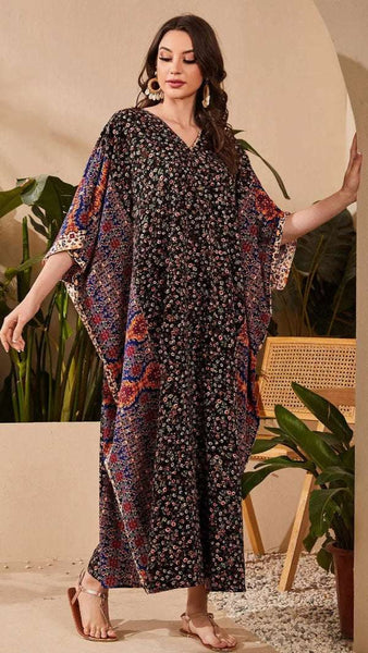 ZAYNAO Multicolor / One-Size Al Najma V-Neck Batwing Sleeve Ditsy Floral Kaftan Modest Arabian Dress 313047070067 0269ed78-4395-4e98-8022-fbbeb44d3665 Al Najma V-Neck Batwing Sleeve Ditsy Floral Kaftan Modest Arabian Dress
