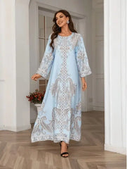 ZAYNAO Women Elegant Floral Print Long Sleeve Abaya Dress Elegant Floral Print Long Sleeve Abaya Dress