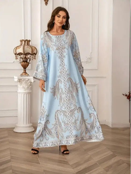 ZAYNAO Women Elegant Floral Print Long Sleeve Abaya Dress Elegant Floral Print Long Sleeve Abaya Dress