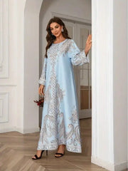 ZAYNAO Women Elegant Floral Print Long Sleeve Abaya Dress Elegant Floral Print Long Sleeve Abaya Dress