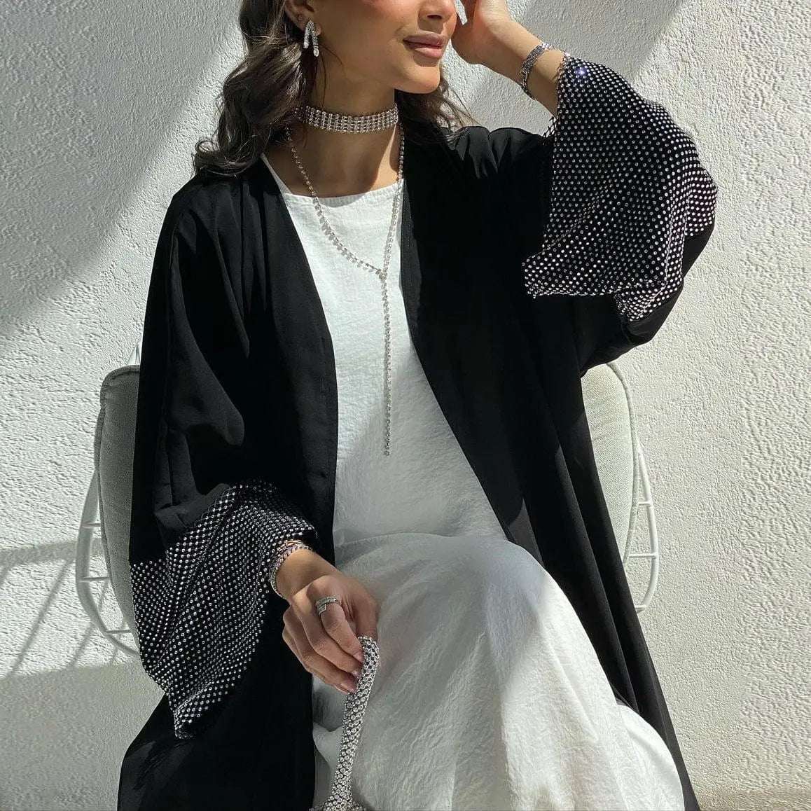 ZAYNAO Women MQ085 Cardigan Abaya Muslim Cross-border Stretch Diamond Mesh Robe Cardigan Abaya Muslim Cross-border Stretch Diamond Mesh Robe