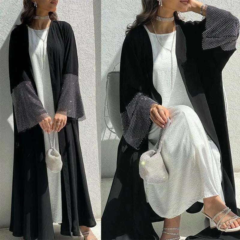 ZAYNAO Women MQ085 Cardigan Abaya Muslim Cross-border Stretch Diamond Mesh Robe Cardigan Abaya Muslim Cross-border Stretch Diamond Mesh Robe
