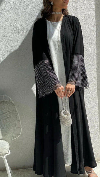 ZAYNAO Women MQ085 Cardigan Abaya Muslim Cross-border Stretch Diamond Mesh Robe Cardigan Abaya Muslim Cross-border Stretch Diamond Mesh Robe