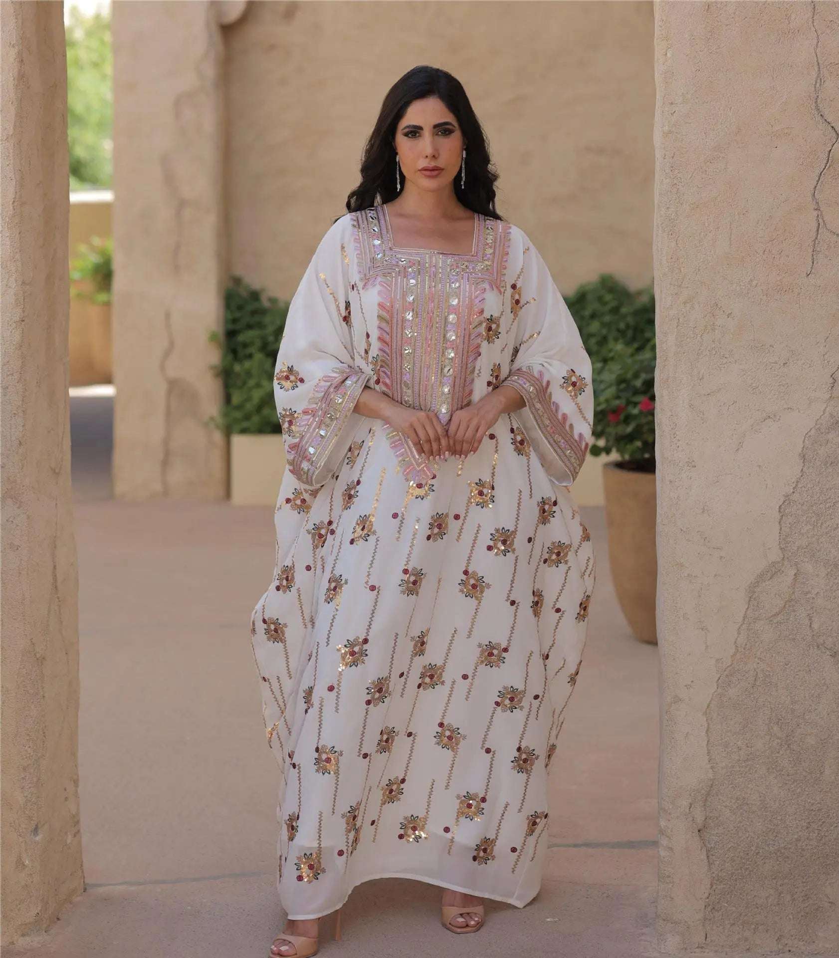 ZAYNAO Women White / Free Size Loose Long Muslim Dress Kaftan With Headscarf CJYD236060201AZ Loose Long Muslim Dress Kaftan With Headscarf