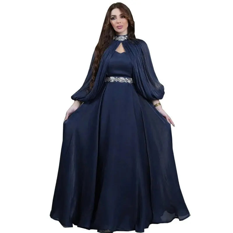 ZAYNAO Women Women's Two-piece Hot Drilling Bright Silk Fashion Satin Robe Abaya Two-Piece Satin Robe Abaya with Hot Drill Detailing