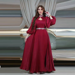 ZAYNAO Women Women's Two-piece Hot Drilling Bright Silk Fashion Satin Robe Abaya Two-Piece Satin Robe Abaya with Hot Drill Detailing
