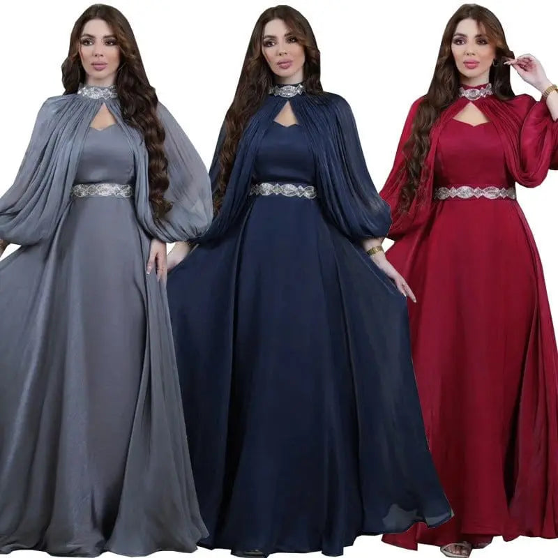 ZAYNAO Women Women's Two-piece Hot Drilling Bright Silk Fashion Satin Robe Abaya Two-Piece Satin Robe Abaya with Hot Drill Detailing