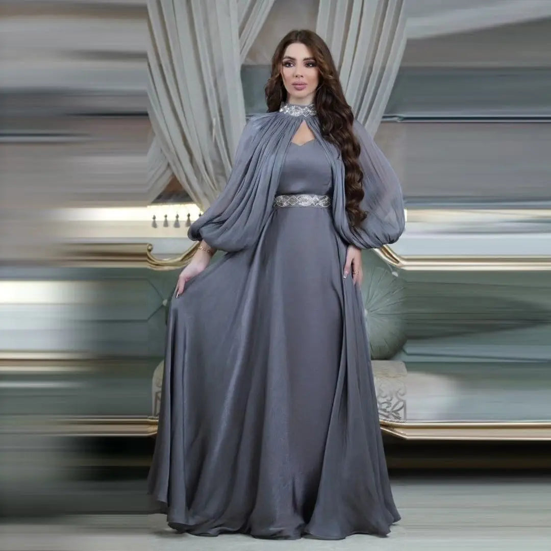 ZAYNAO Women Women's Two-piece Hot Drilling Bright Silk Fashion Satin Robe Abaya Two-Piece Satin Robe Abaya with Hot Drill Detailing